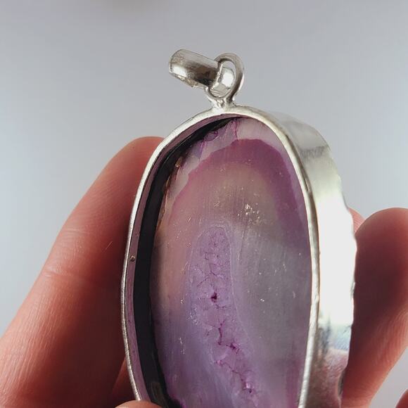 Purple Agate Geode Pendant 2.25" Polished Slice Necklace in Silver Bezel - Picture 10 of 10